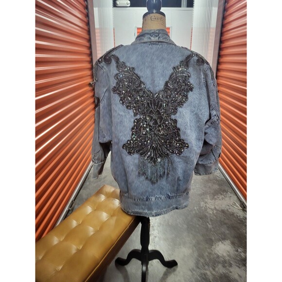 Oversized Embroidered Sequined Blue Jean Jacket Size Medium - Picture 3 of 9